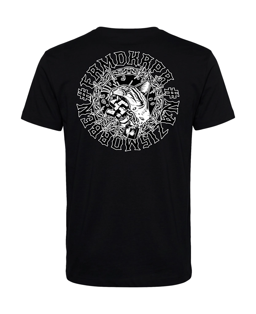 Schwarzes Shirt mit großem Schwarz-Weiß-Print auf dem Rücken
